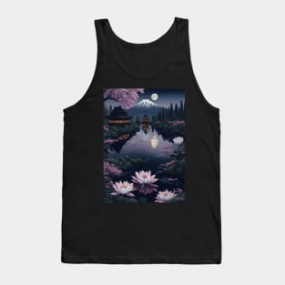 Serene Mount Fuji Sunset - Peaceful River Scenery - Lotus Flowers Tank Top